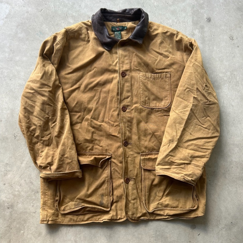 Vintage J.Crew Mens Brown Canvas Barn Jacket Leather Collar Wool Lined Medium